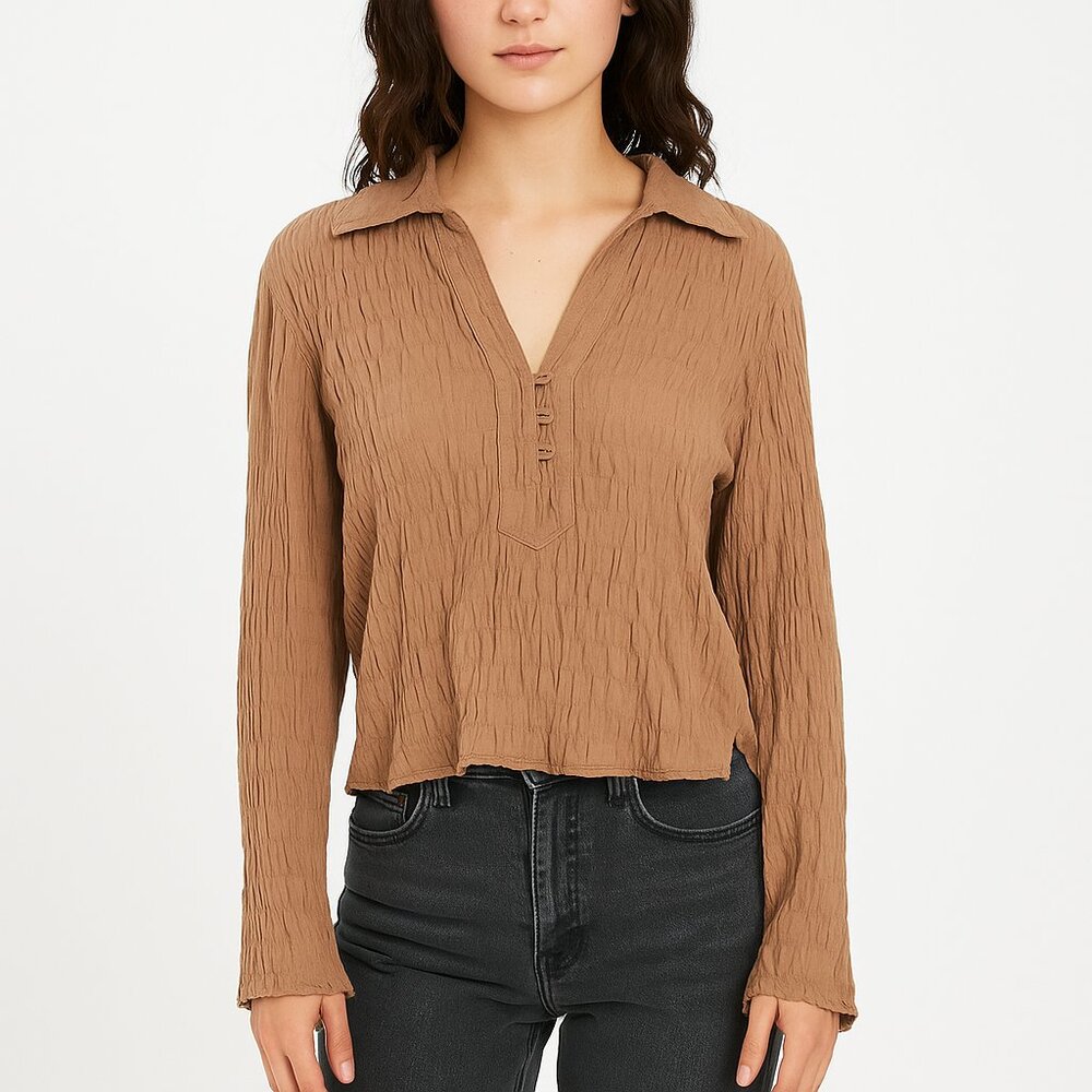ANDREW & CO VINTAGE Crinkle Textured Button‎ Front Blouse Y2K Latte L